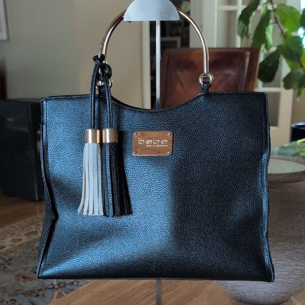 bebe Black Tote Bag with Tassel